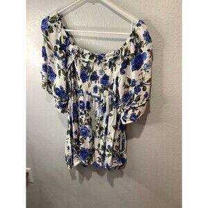 blue floral raunched top with flowing sleeves boho bright xl